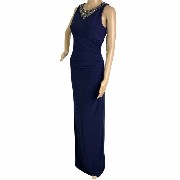Eliza J Navy Embellished Neckline Ruched Gown - Picture 7 of 12